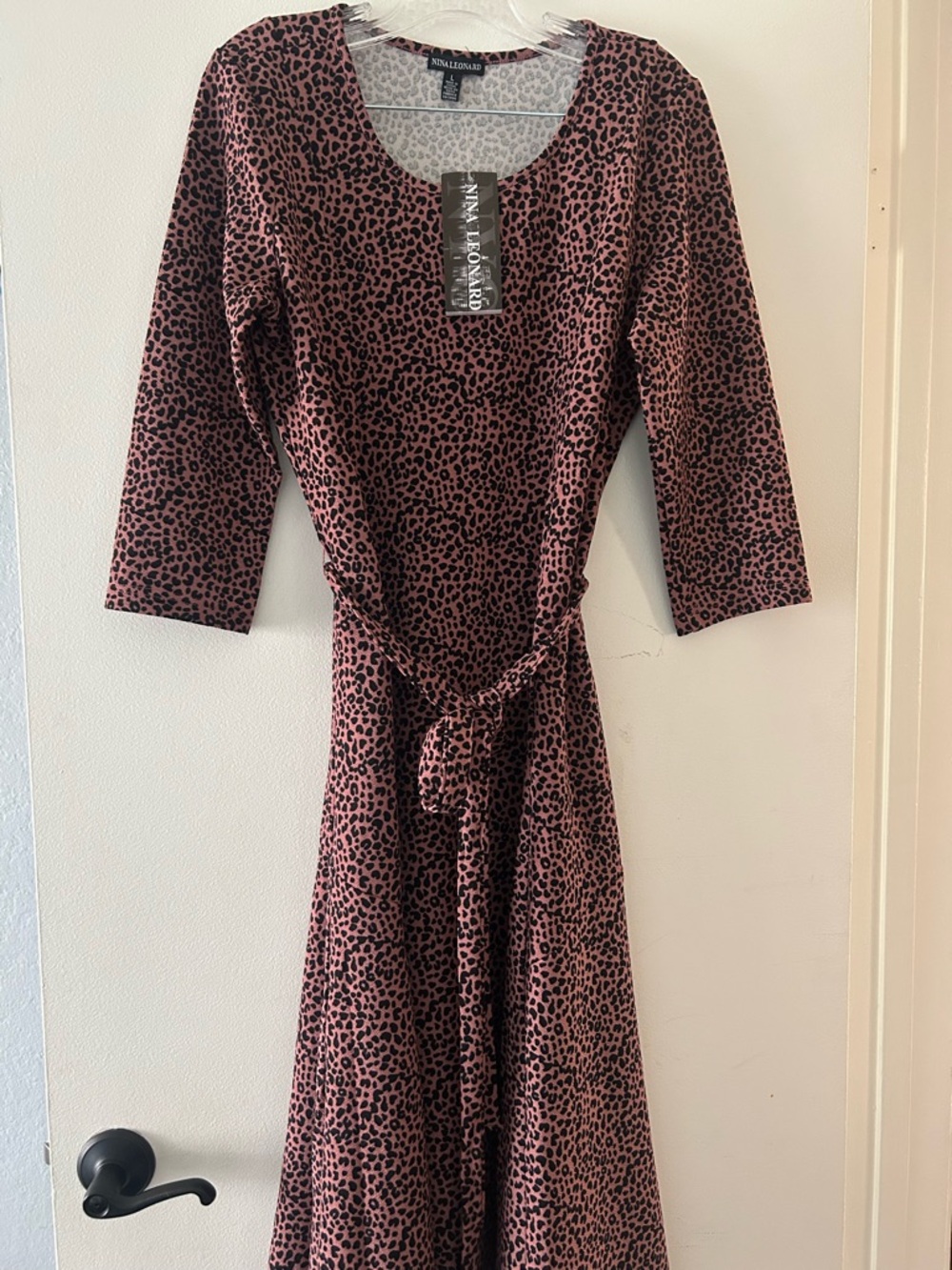 Nina Leonard Rose Pink and Black Leopard-Print Midi Dress
